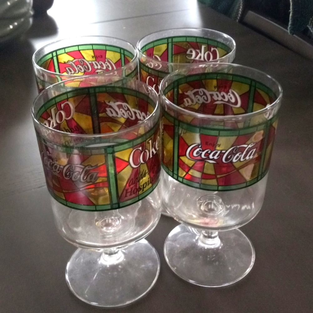 4 Vintage Stain glassed Coca-Cola wine glasses